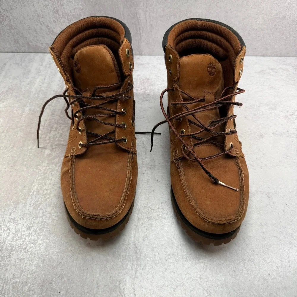 Timberland Oakwell 7-Eye Moc Toe Boots Mens 10.5 Brown Leather Mid Lug Shoes